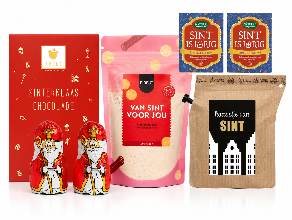 Sint & Verwen zakelijke Sinterklaas cadeaubox met Sinterklaaschocolade, Pineut kruidnootjesmix en Sinterklaasthee