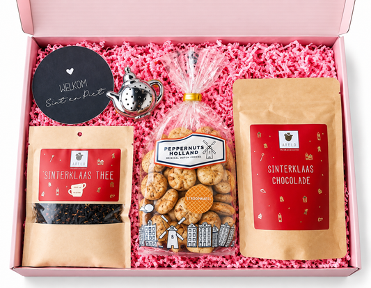Luxe Sinterklaas cadeaubox met Sinterklaas thee, chocolade, kruidnoten en thee-ei