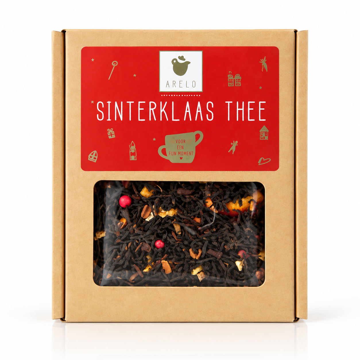 Sinterklaas thee in feestelijke kraft verpakking met rode Sinterklaas label en venster met losse thee