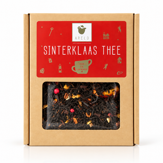 Sinterklaas thee in feestelijke kraft verpakking met rode Sinterklaas label en venster met losse thee
