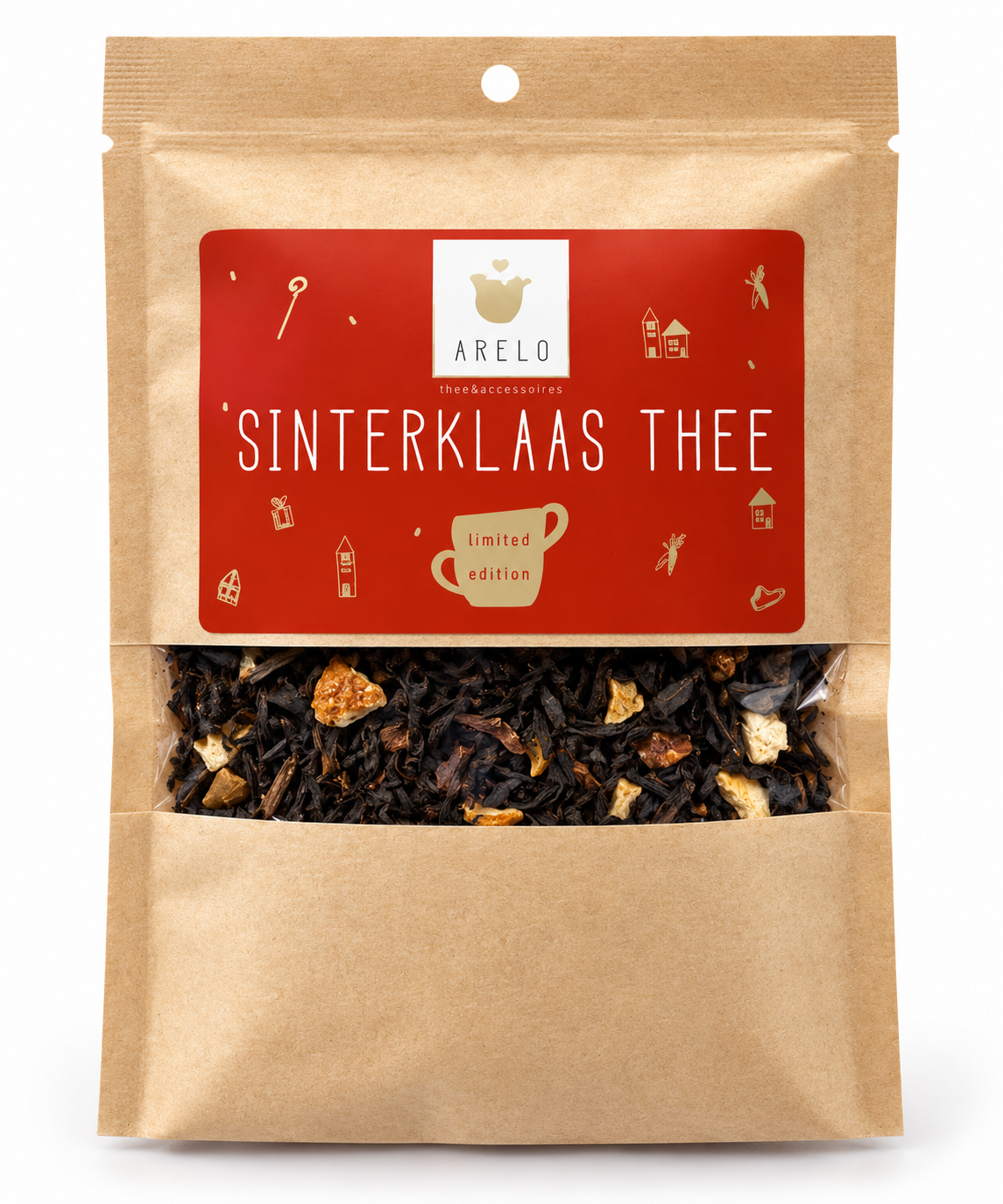 Sinterklaas thee Limited Edition van Arelo in feestelijke verpakking met losse thee
