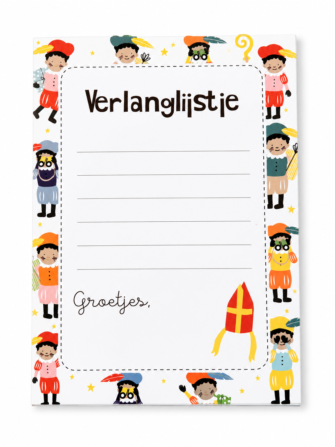Vrolijk Sinterklaas verlanglijstje voor kinderen met feestelijke illustraties op witte achtergrond