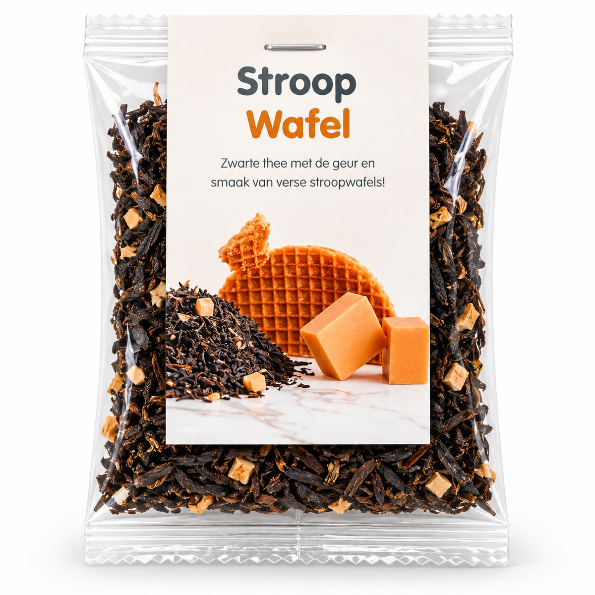 Stroopwafel zwarte thee in een transparante verpakking met afbeelding van stroopwafels.