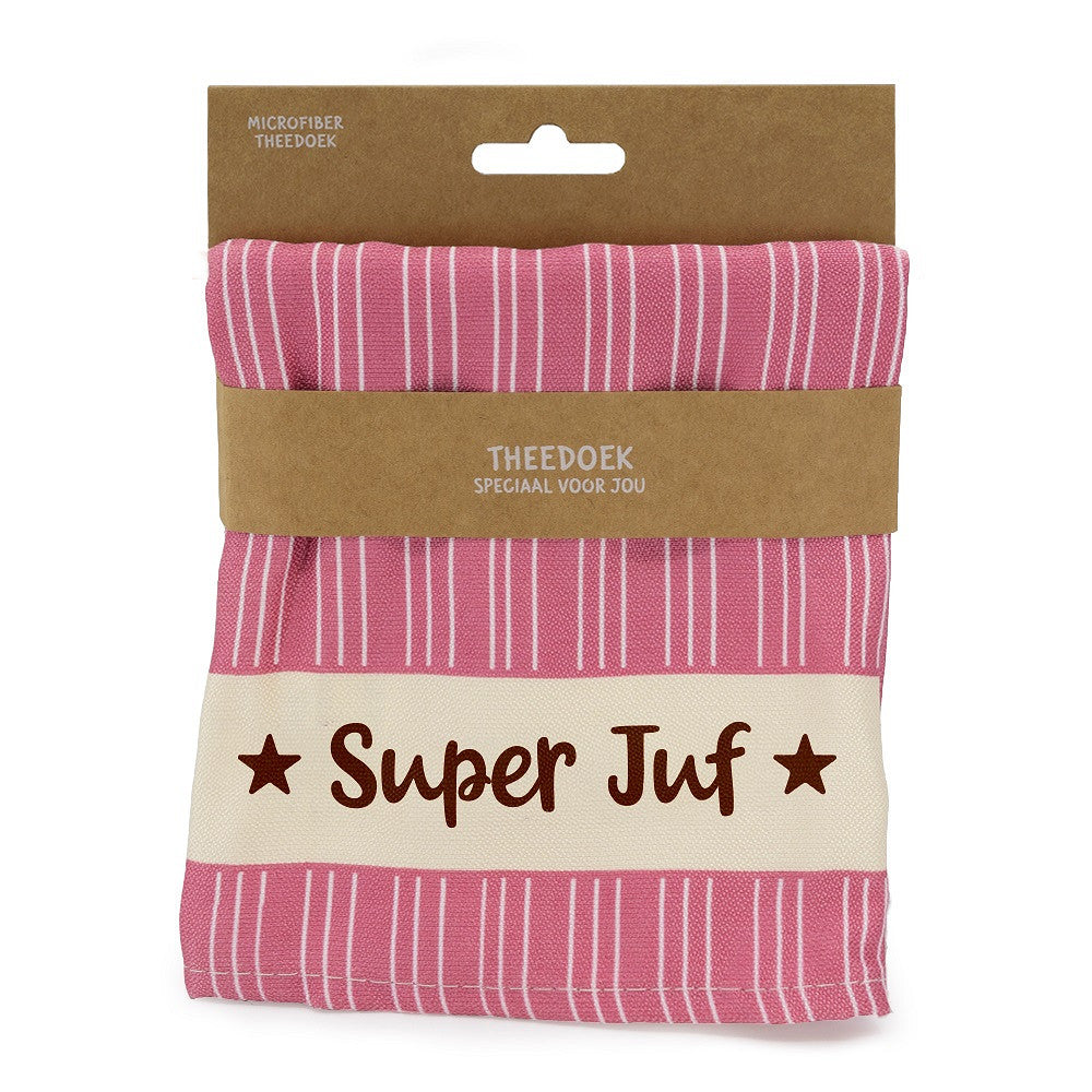 Roze microfiber theedoek met de tekst Super Juf, origineel bedankje voor de juf.