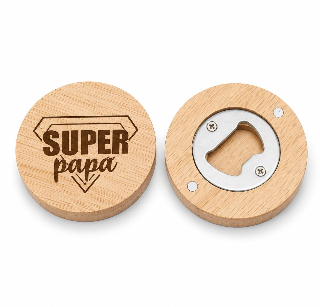 Houten Super Papa onderzetter met geïntegreerde flessenopener cadeau voor vader