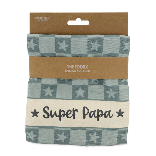 Super Papa microfiber theedoek in groen-grijze kleur met sterrenpatroon, origineel cadeau voor Vaderdag, verjaardag of bedankje voor papa.