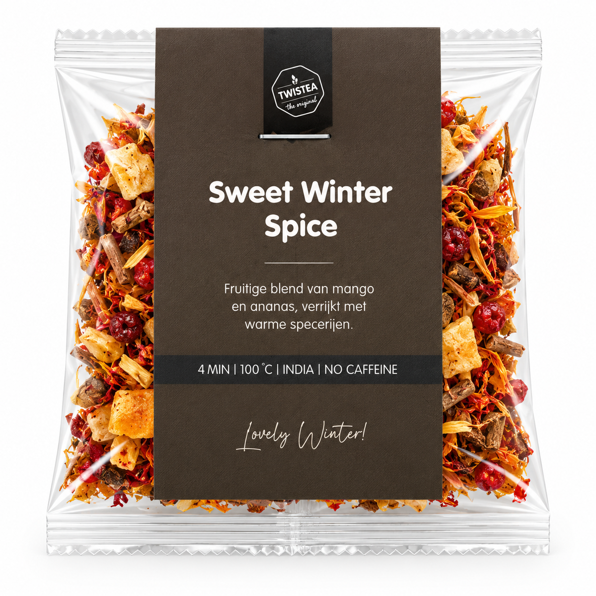 Sweet Winter Spice cafeïnevrije vruchtenthee met mango, ananas en warme specerijen in een transparante verpakking.