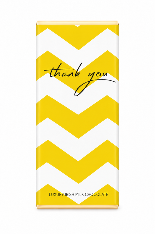Thank You chocoladereep met luxe melkchocolade in geel-witte cadeauverpakking.