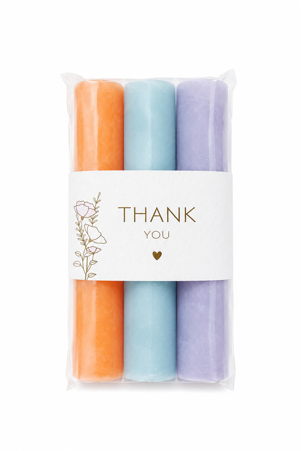 Set van drie mini dinerkaarsen in perzik, lichtblauw en lila met een ‘Thank You’-wikkel, ideaal als origineel bedankje van The Prezzent.