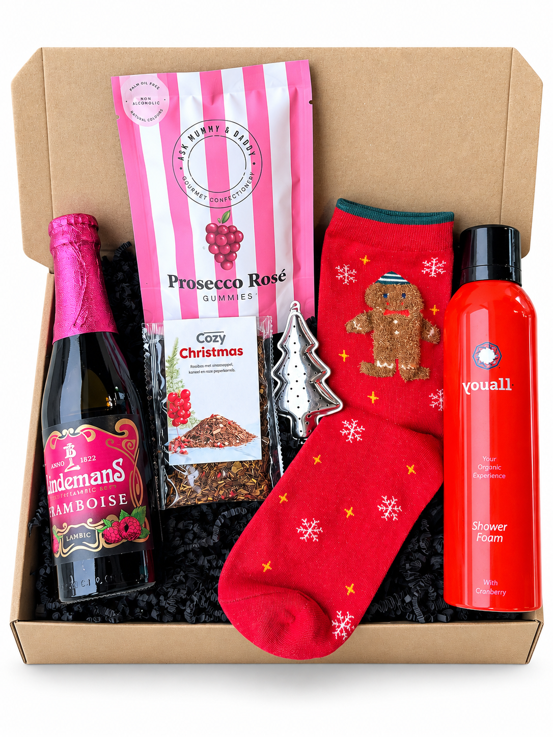 The Cozy Christmas Box luxe zakelijk kerstpakket met Lindemans Framboise, Prosecco Rosé Gummies, Cozy Christmas thee, kerstsokken en shower foam