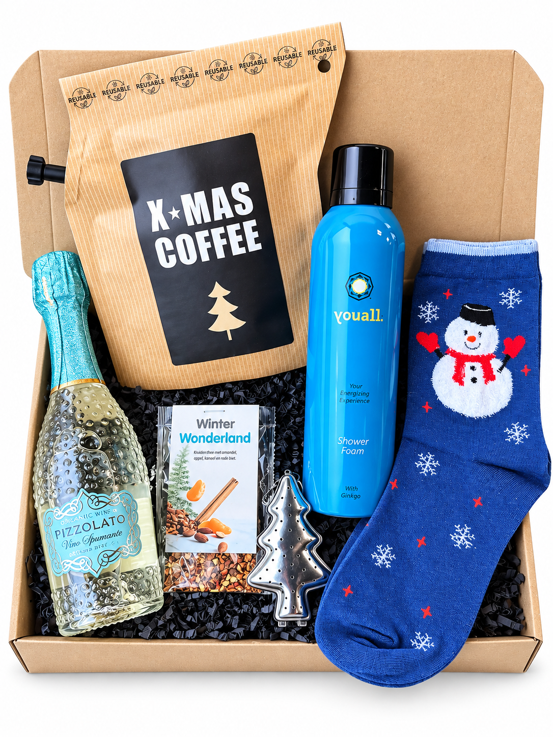 The Frost & Fizz Box luxe zakelijk kerstpakket met X-MAS Coffee, Winter Wonderland thee, Pizzolato bubbels, shower foam en kerstsokken