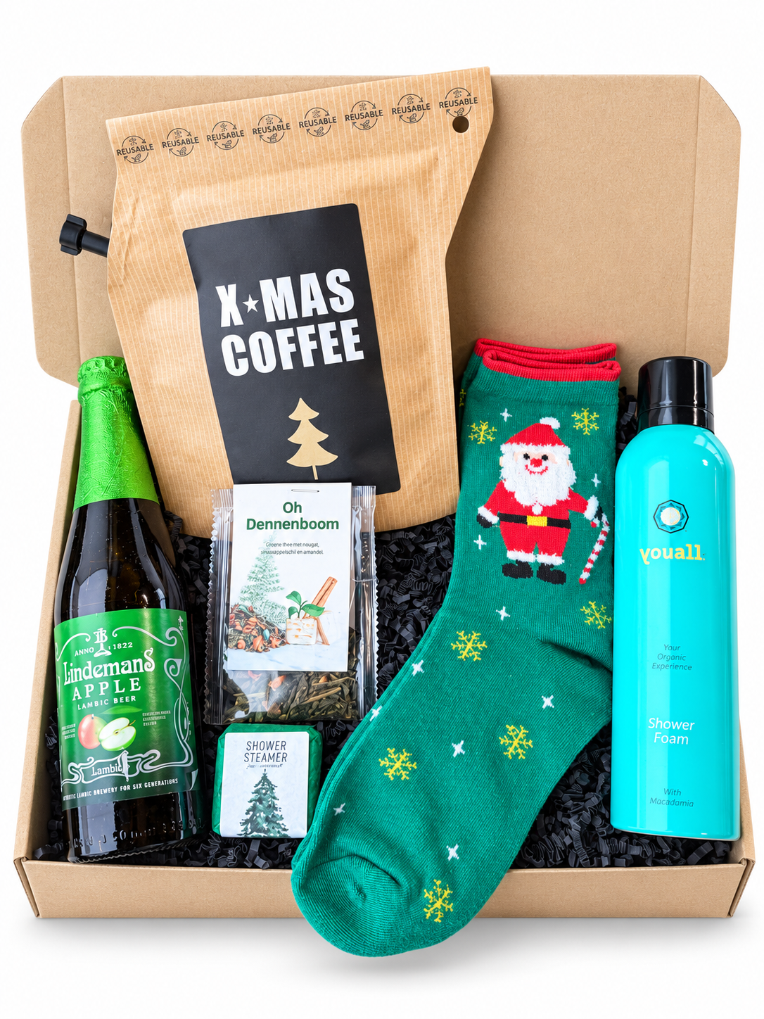 The Merry Moments Box luxe zakelijk kerstpakket voor medewerkers met koffie, thee, kerstsokken, shower foam en bier