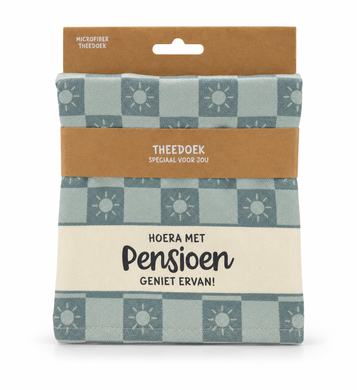 Blauwgroene microvezel theedoek met ruitpatroon, zonnetjes en de tekst Hoera met pensioen, geniet ervan.