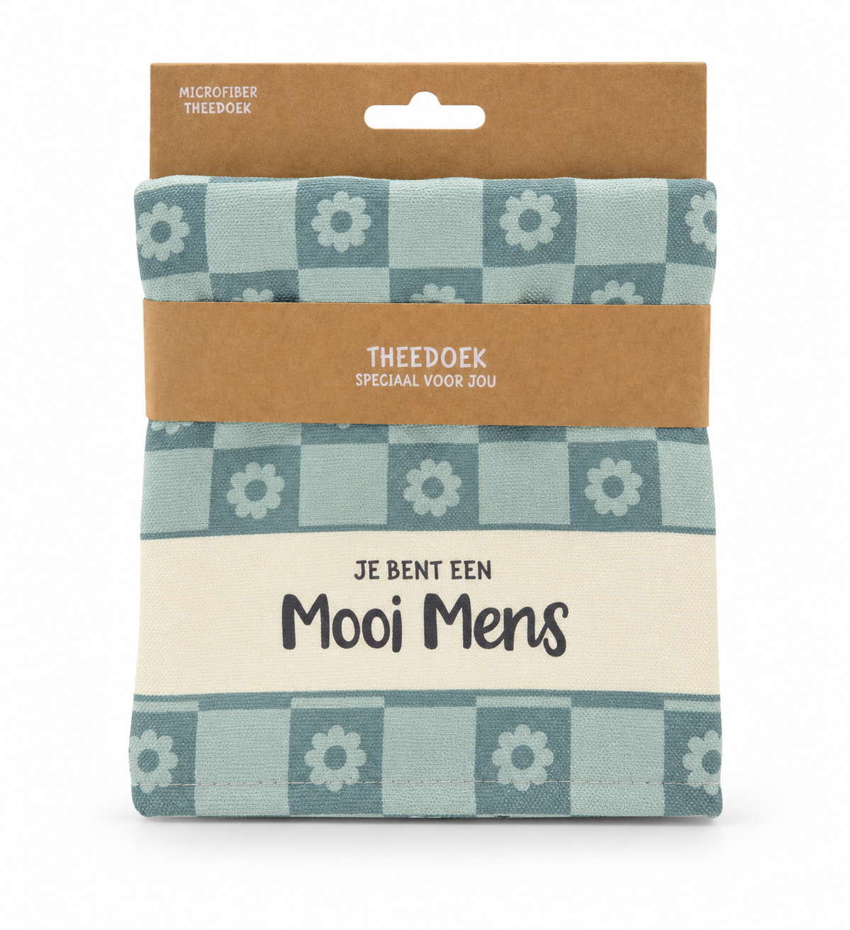 Mintgroene microfiber theedoek met lichtblauwe ruitjes, bloemen en de tekst Je bent een mooi mens.