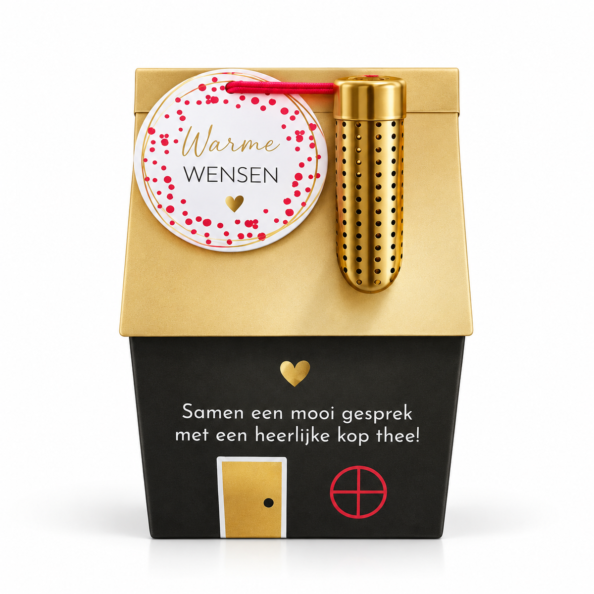 Theehuisje cadeau Warme Wensen met gouden theedak, goudkleurig theezeefje en de tekst Samen een mooi gesprek met een heerlijke kop thee.