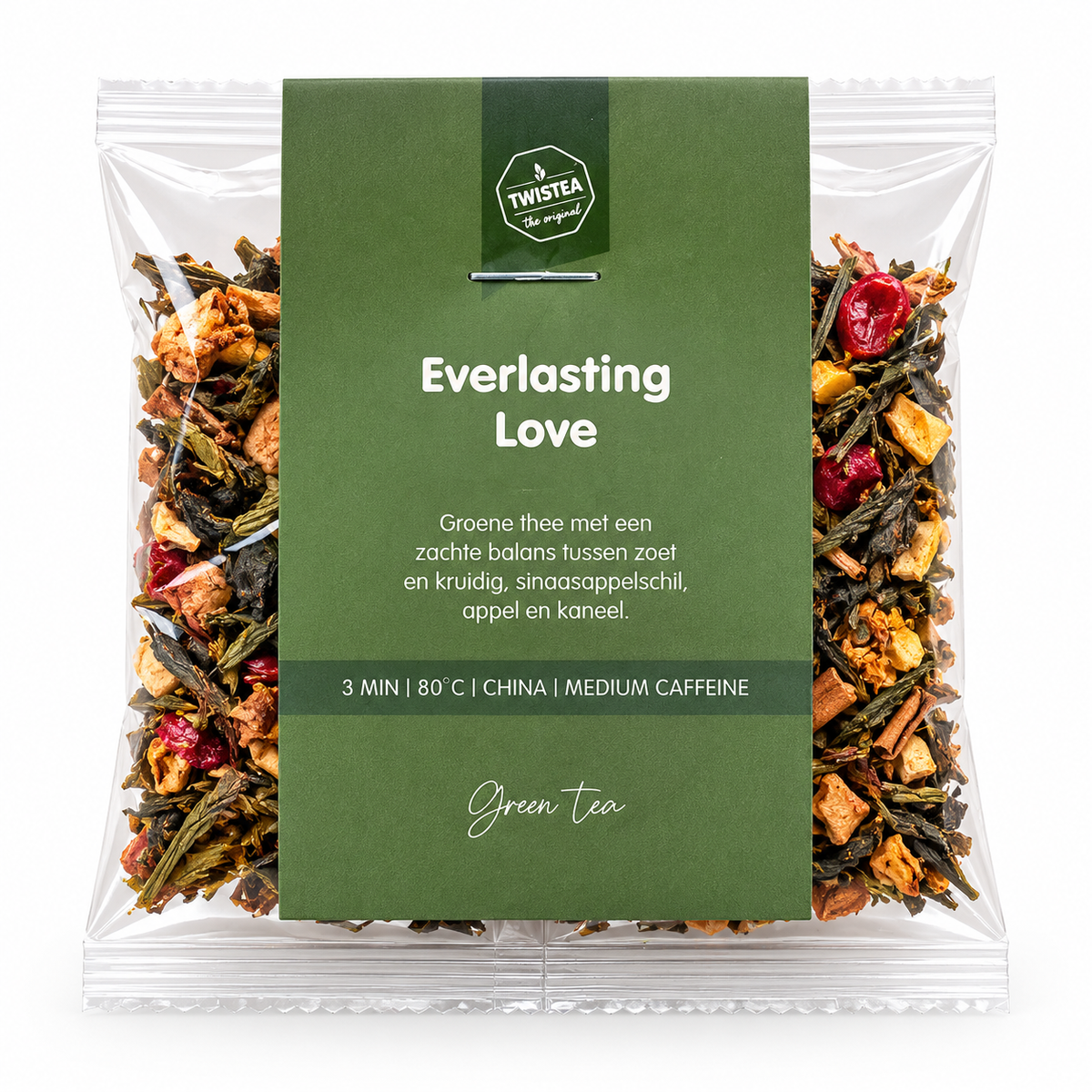 Twistea Everlasting Love groene thee in een transparante verpakking met groene thee, appel, sinaasappelschil en kaneel.