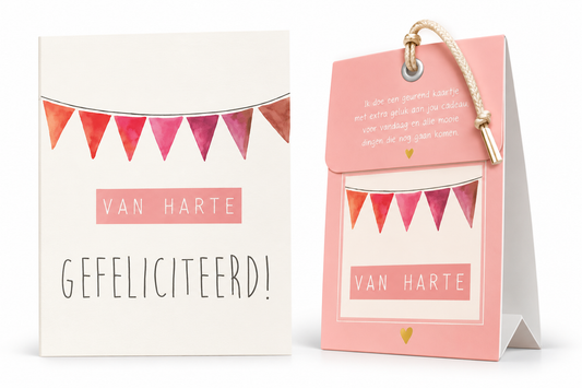 Geurende wenskaart Van Harte Gefeliciteerd met kleurrijke vlaggetjes en bijpassend roze kadotasje – origineel felicitatiecadeautje van The Prezzent.