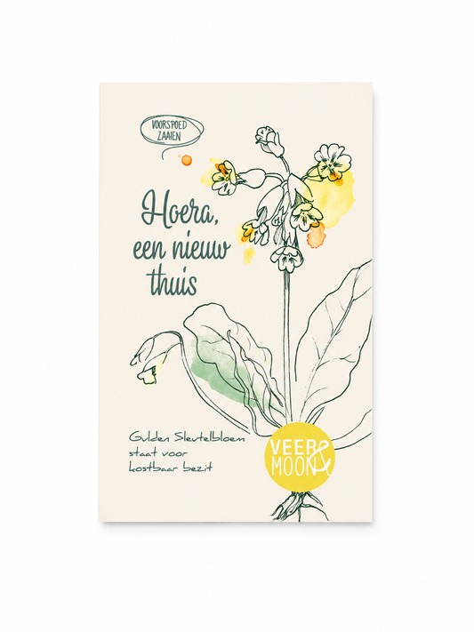 Veer & Moon Geluksbloemen Hoera een nieuw thuis met Gulden Sleutelbloem bloemzaadjes als origineel nieuw huis cadeau.
