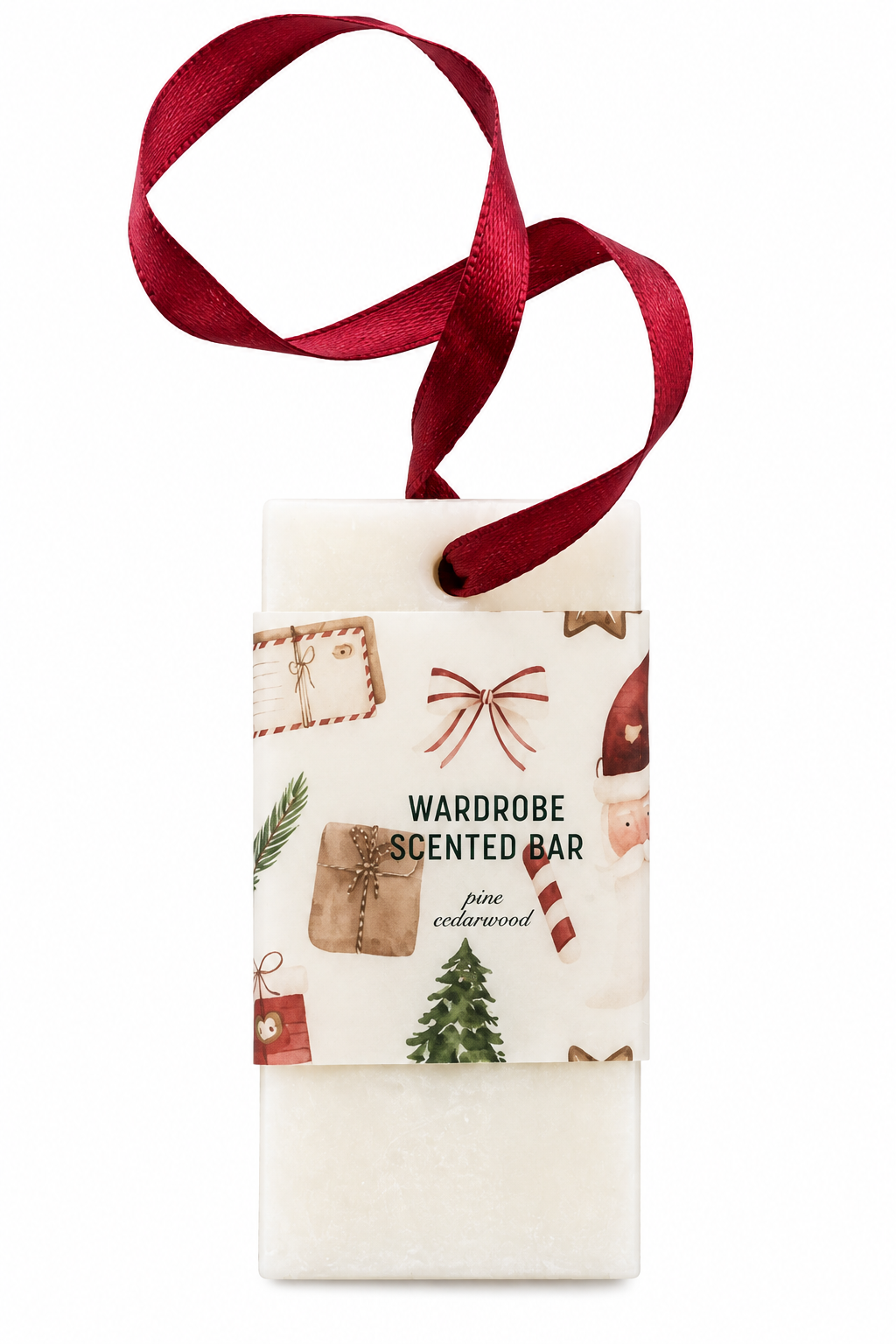 Wardrobe Scented Bar met de geur Pine & Cedarwood en bordeauxrode hanger op een witte achtergrond