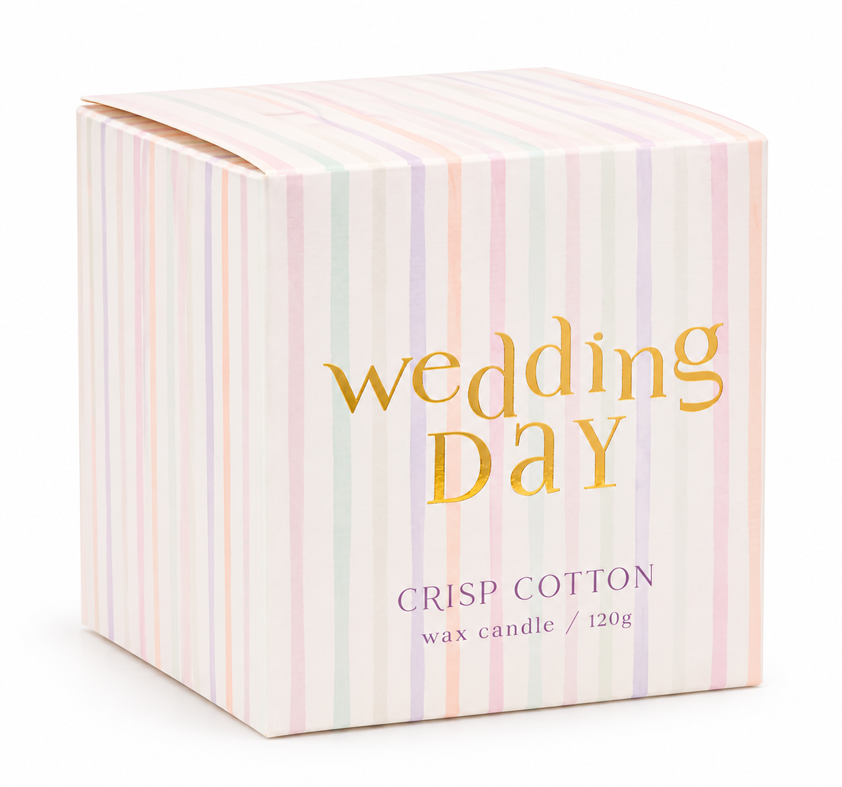 Wedding Day geurkaars Crisp Cotton van 120 gram in een crèmekleurige verpakking met pastelstrepen en gouden letters