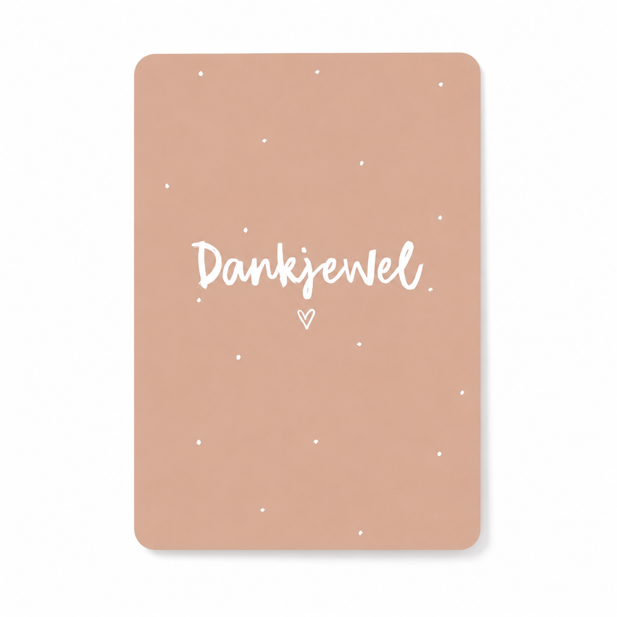 Luxe beige wenskaart met de tekst Dankjewel en witte stipjes op een witte achtergrond.