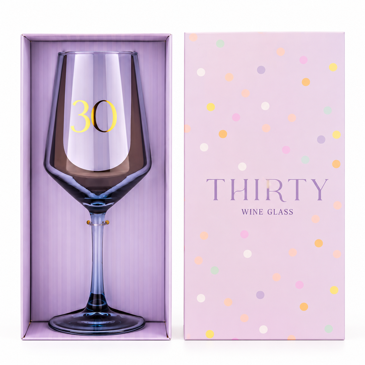 Luxe paars wijnglas met gouden details en het getal 30 in een roze cadeauverpakking met pastelkleurige stippen.