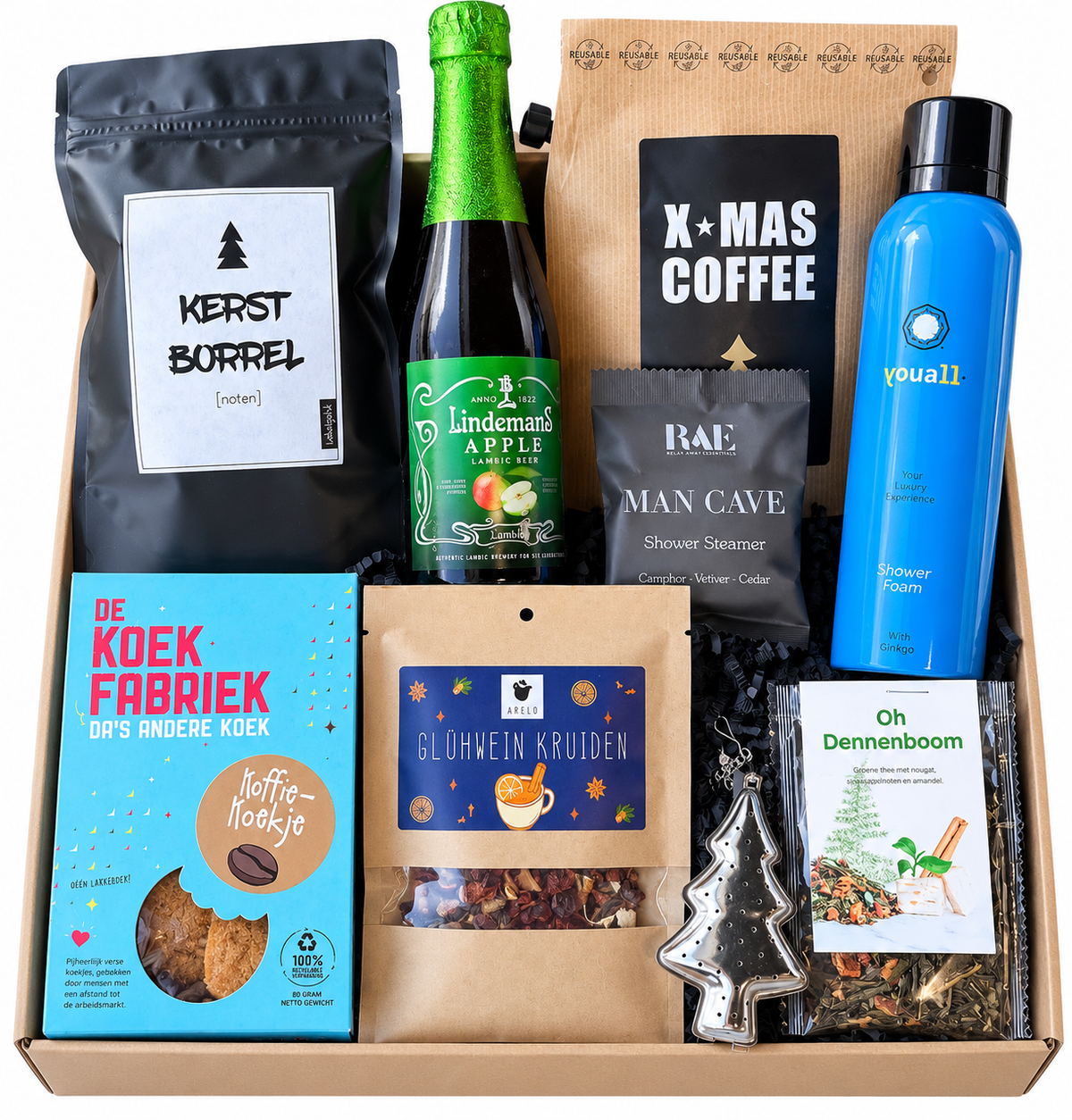 Winter Cheers luxe zakelijk kerstpakket met koffie, thee, borrel, lekkernijen en wellness