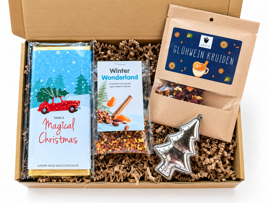 Winter Wonderland cadeaubox met luxe kerstchocolade, winterthee, glühwein kruiden en feestelijk kerstcadeau