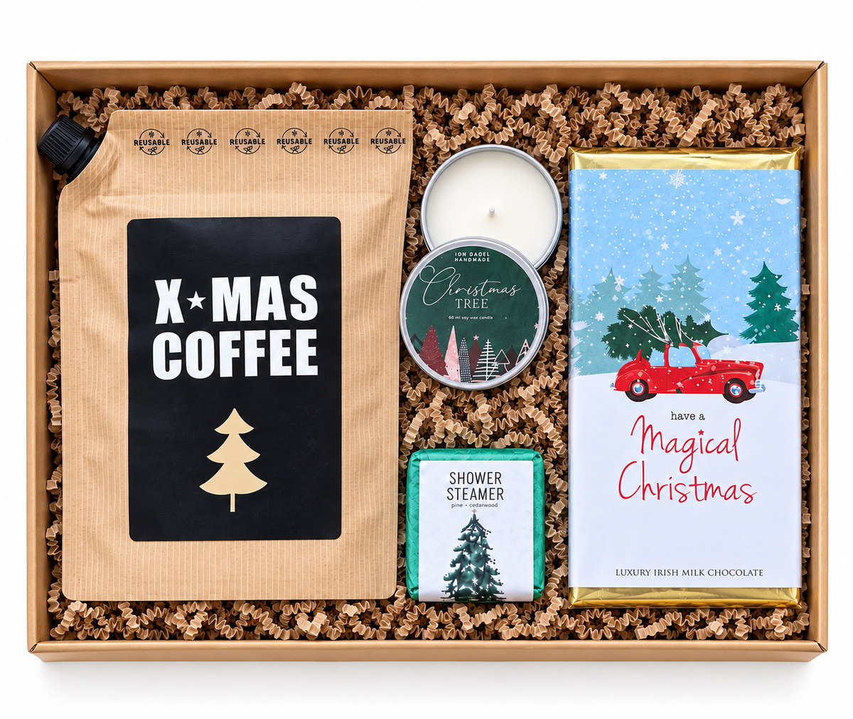 X-Mas Coffee luxe kerst cadeaubox met koffie, Christmas Tree geurkaars, shower steamer en Magical Christmas chocolade