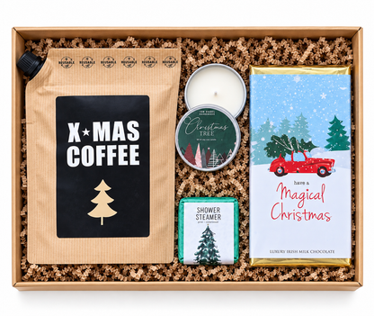 X-Mas Coffee luxe kerst cadeaubox met koffie, Christmas Tree geurkaars, shower steamer en Magical Christmas chocolade