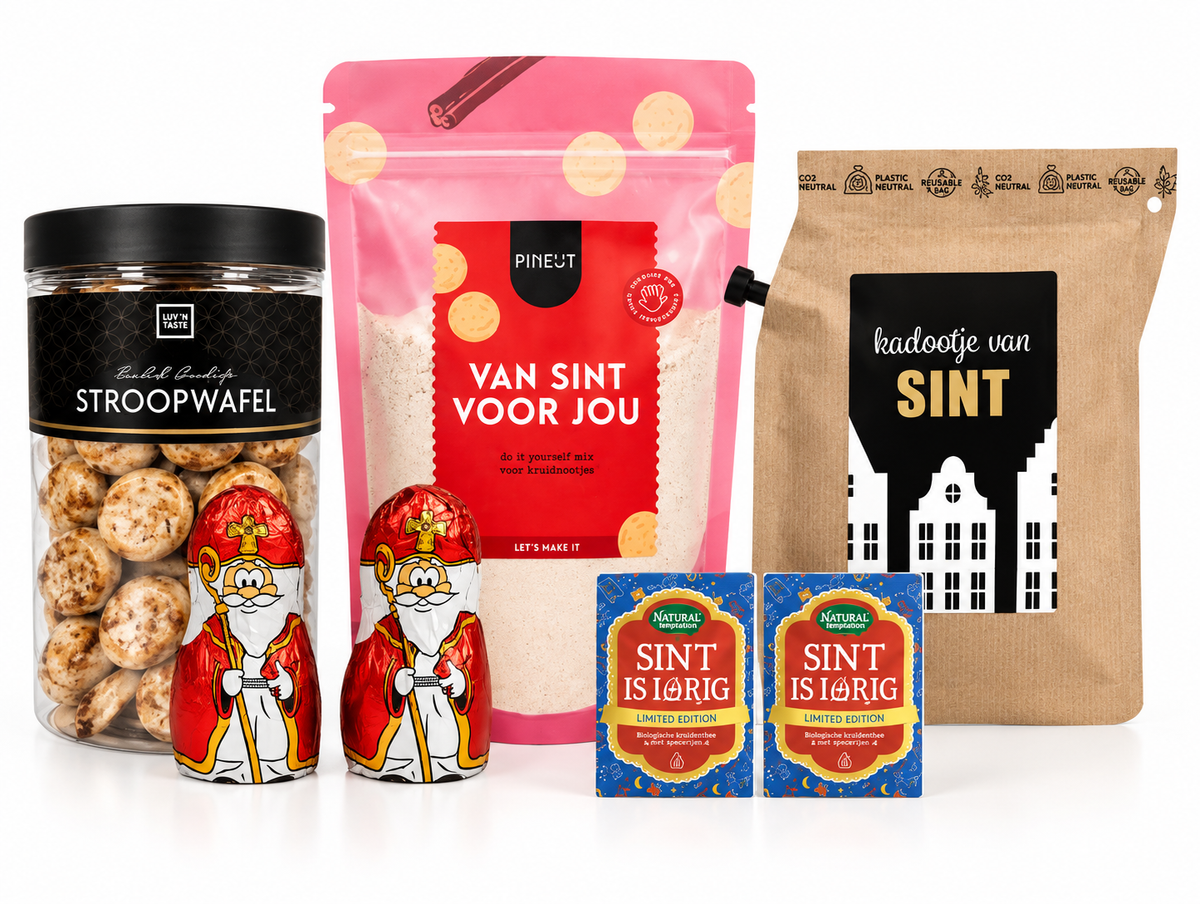 Zakelijke Sinterklaas cadeaubox met stroopwafels, Pineut kruidnootjesmix, Sinterklaasthee en chocolade Sintfiguren