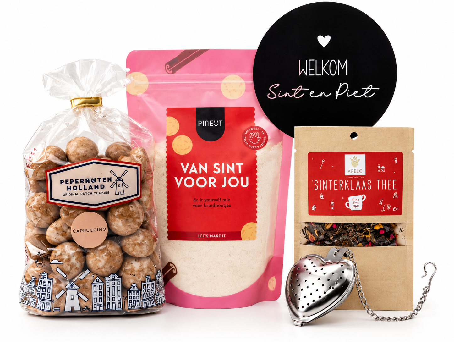 Zakelijke Sinterklaas cadeaubox met pepernoten, DIY kruidnotenmix, Sinterklaasthee en hartvormig thee-ei