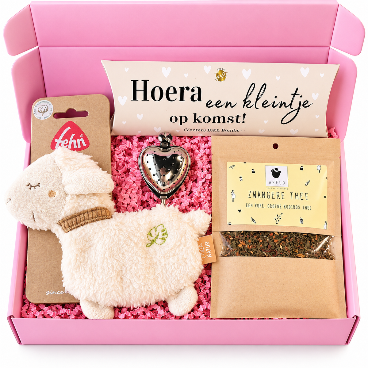 Zwangerschap cadeaubox met zachte knuffel, Zwanger Thee en voetenbad bruisballen voor aanstaande mama