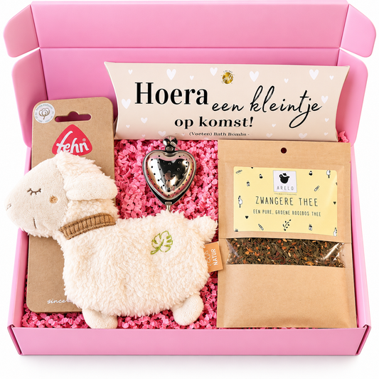Zwangerschap cadeaubox met zachte knuffel, Zwanger Thee en voetenbad bruisballen voor aanstaande mama